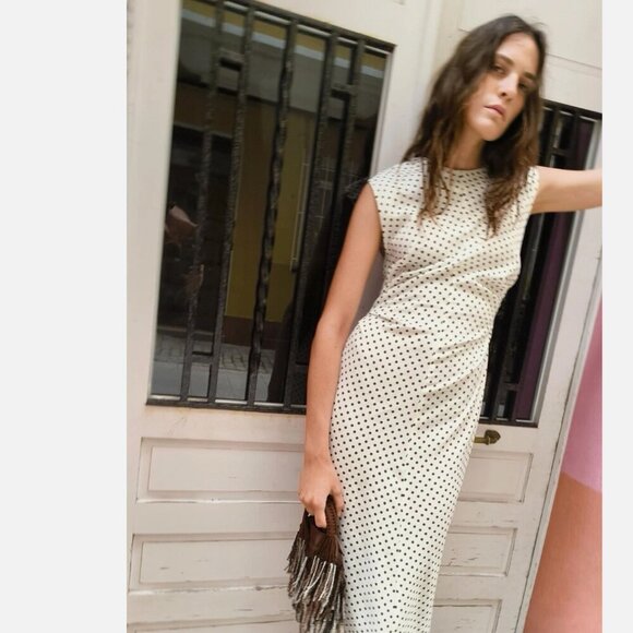 Zara Women Linen Blend Polka Dot Midi Dress Beige/Ecru Size M NEW WITH TAG! - Picture 2 of 7